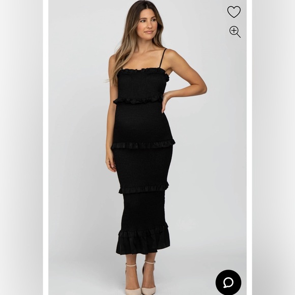 Black Satin Smocked Fitted Maternity Midi Dress - Picture 1 of 7